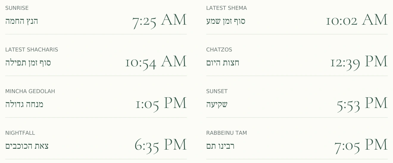 Sample PDF detail with sunrise, latest Shema and Shacharis, chatzos, mincha, sunset and nightfall