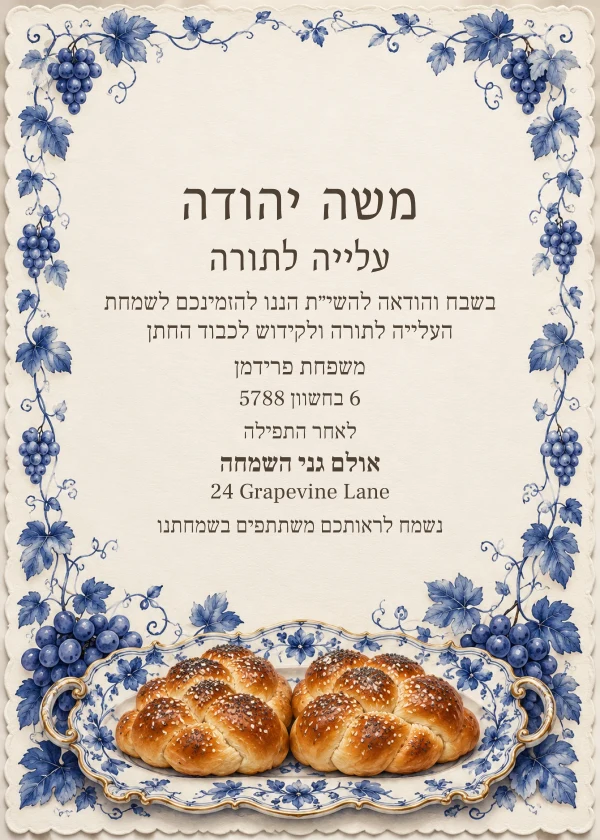 Shabbos Porcelain — invitation sample with editable text