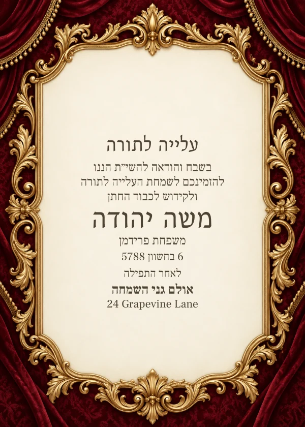 Shabbos in Velvet — invitation sample with editable text