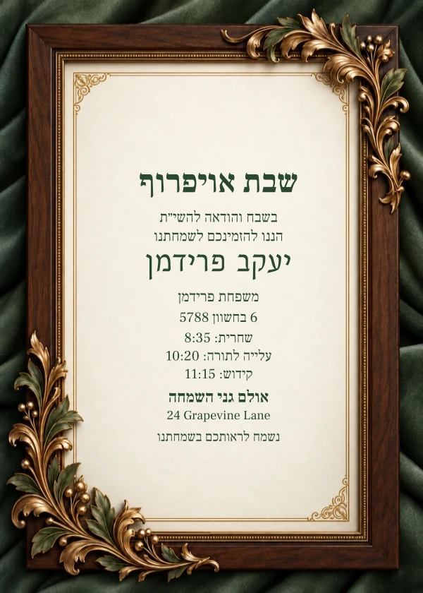 Sage & Bronze Shabbos — invitation sample with editable text
