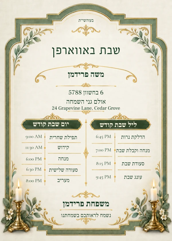 Olive Shabbos Schedule — invitation sample with editable text