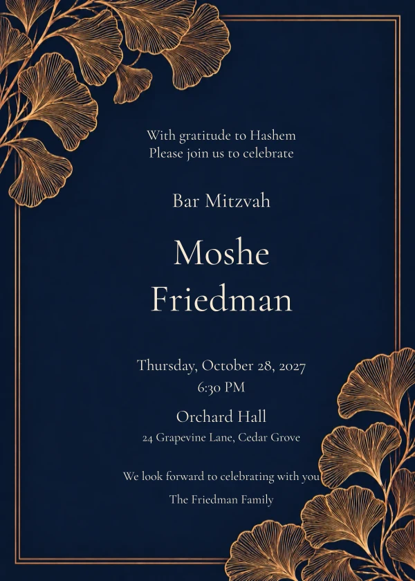 Navy Botanical Bar Mitzvah — invitation sample with editable text