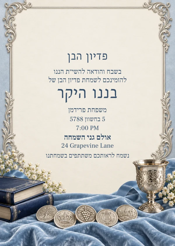 Five Silver Coins — דוגמת הזמנה עם טקסט הניתן לעריכה