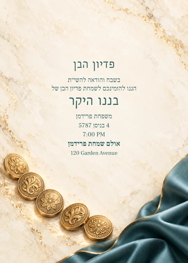 Teal & Golden Coins — invitation sample with editable text