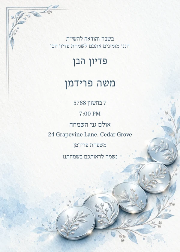 Silver Botanical Coins — invitation sample with editable text