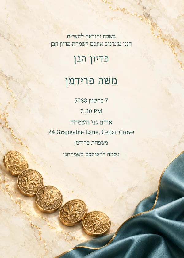 Teal Marble Pidyon Haben — invitation sample with editable text