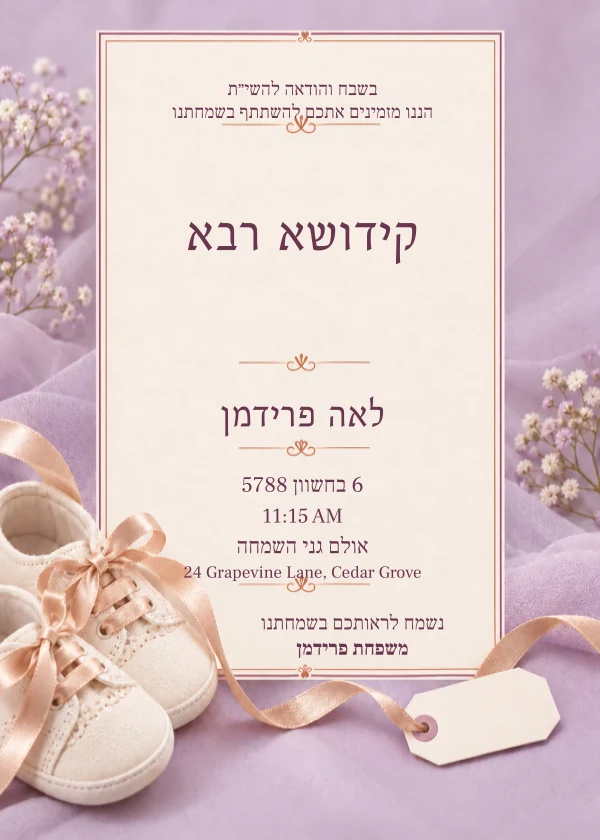Lilac Baby Shoes — invitation sample with editable text