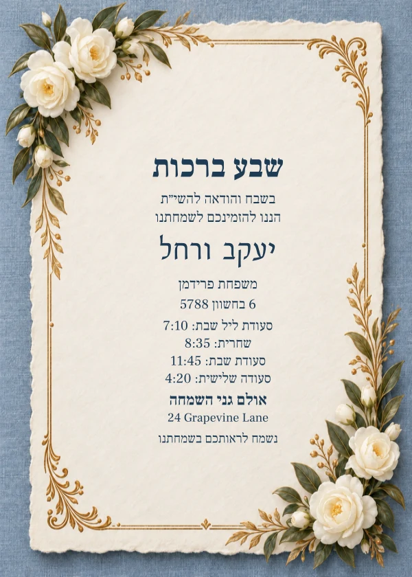 Floral Shabbos Letter — invitation sample with editable text