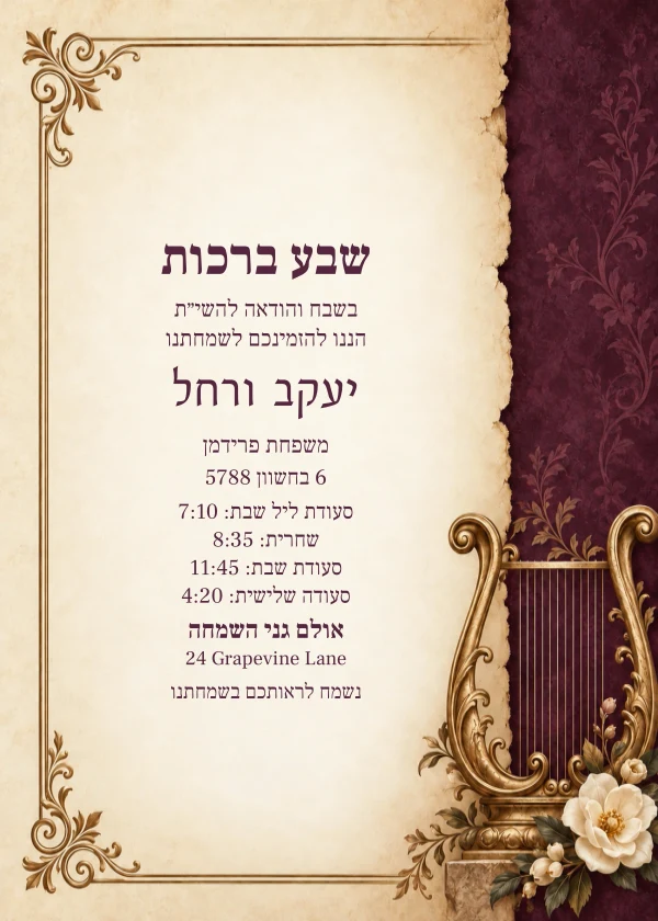 Ivory & Plum Lyre — invitation sample with editable text