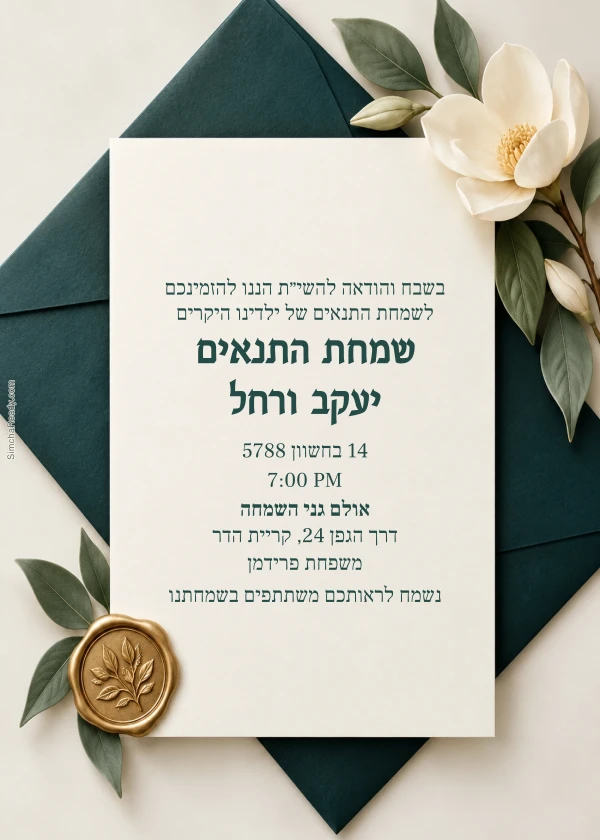 Magnolia & Teal Envelope — invitation sample with editable text