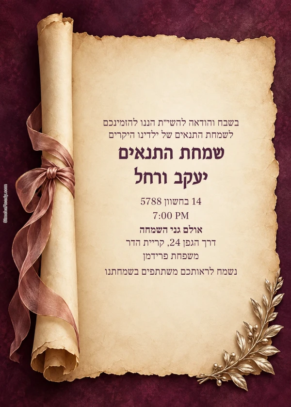 Plum Parchment & Ribbon — invitation sample with editable text
