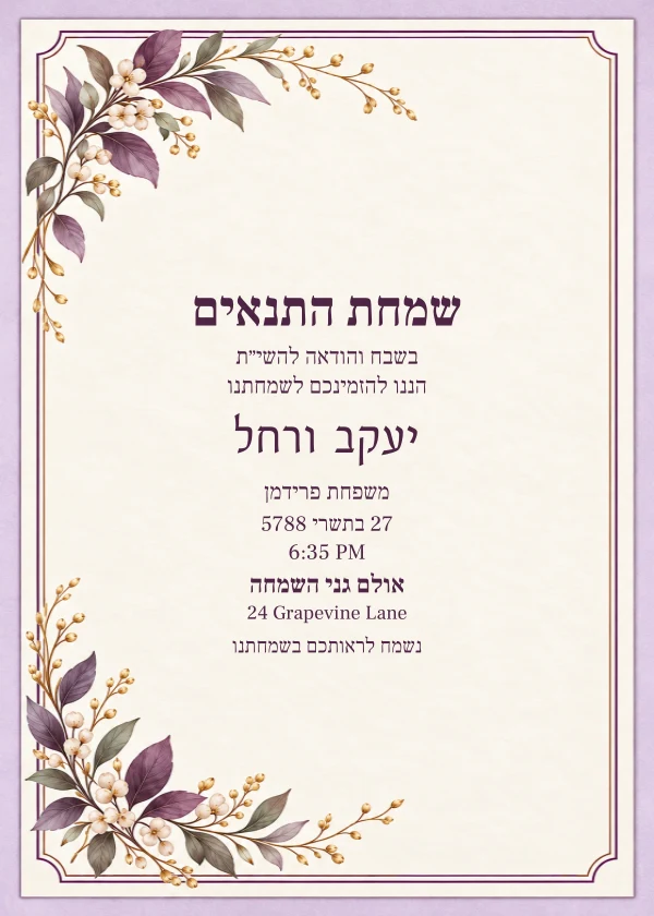 Plum Botanical · Hebrew — invitation sample with editable text