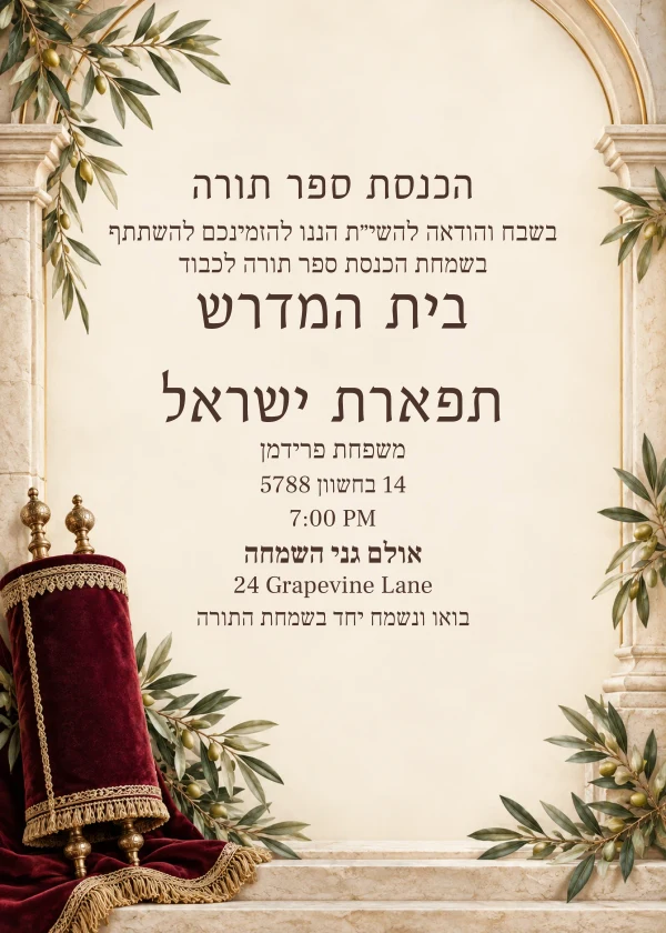 Olive & Torah — invitation sample with editable text