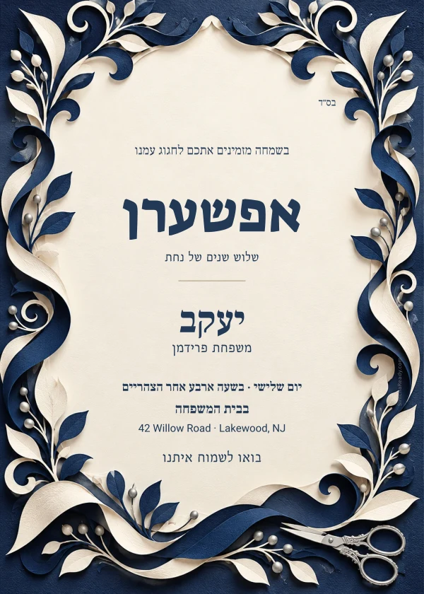 Indigo Cutpaper — דוגמת הזמנה עם טקסט הניתן לעריכה