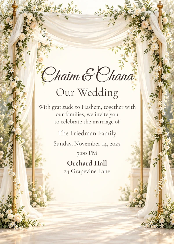 The Garden Chuppah · Personal Letter — דוגמת הזמנה עם טקסט הניתן לעריכה