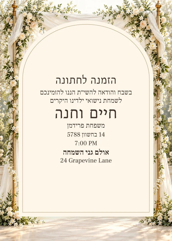 The Garden Chuppah · Arched Stationery — דוגמת הזמנה עם טקסט הניתן לעריכה