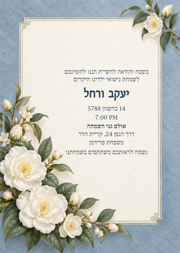 Dusty Blue Camellia — invitation sample with editable text