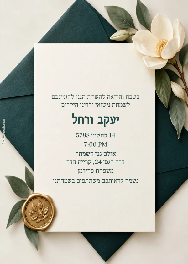 Magnolia & Teal Envelope — invitation sample with editable text