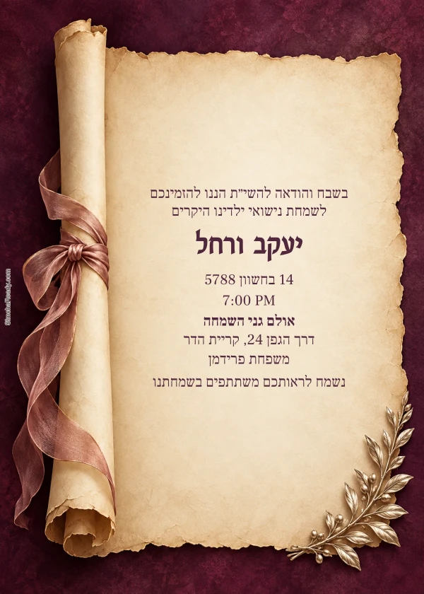 Plum Parchment & Ribbon — invitation sample with editable text