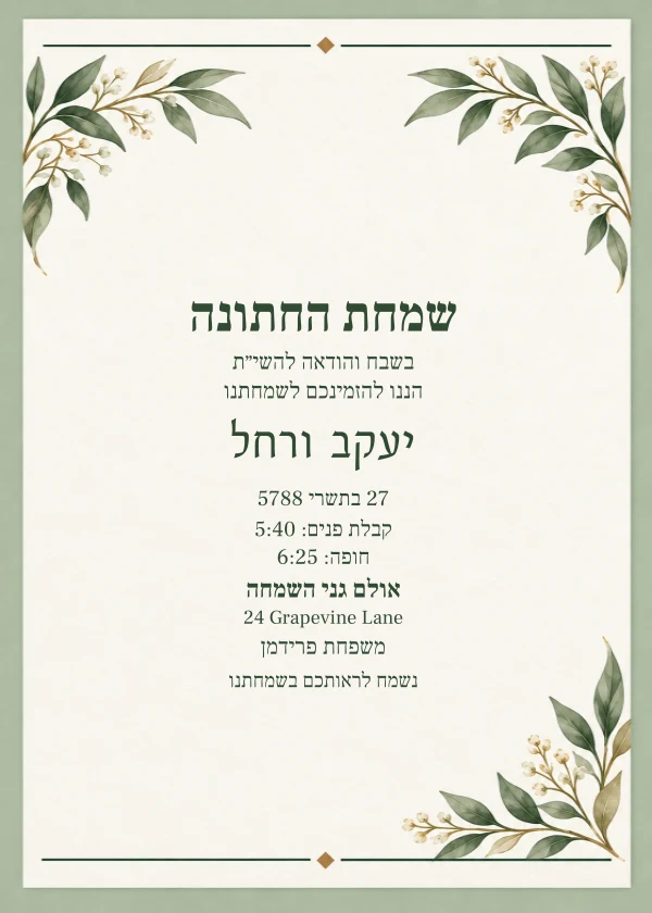 Sage Wedding · Hebrew — invitation sample with editable text