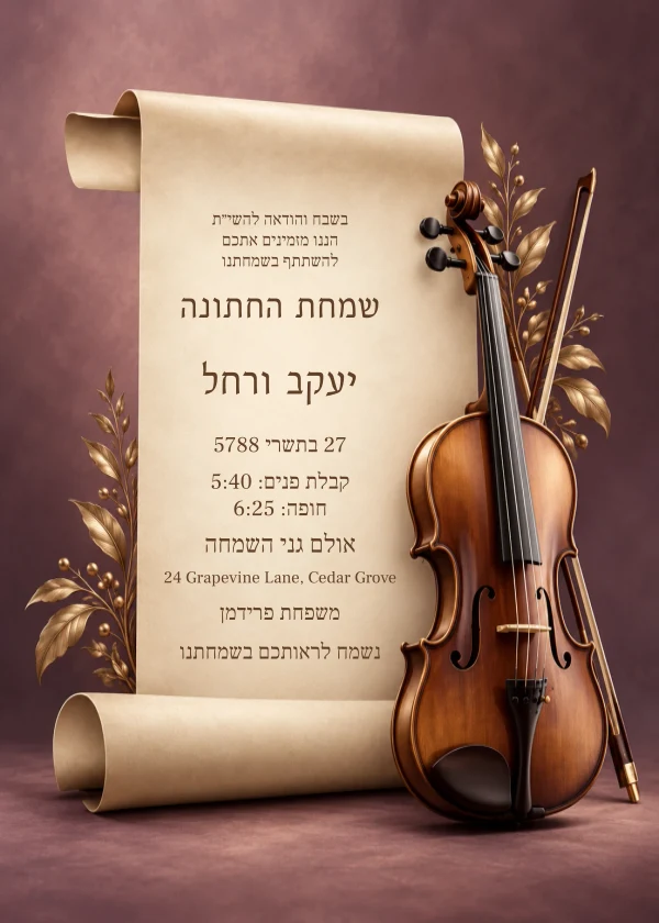 Walnut Violin & Scroll — invitation sample with editable text